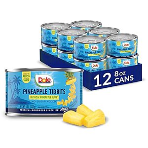[SnS, AC] $8.79* | 12-Pack 8oz. Dole Pineapple Tidbits Canned Fruit (100% Pineapple Juice) at Amazon