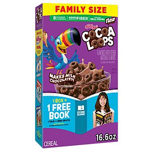 Kellogg's Cocoa Loops Breakfast Cereal, Good Source of Fiber, Made with Cocoa, 16.6oz $3.64 or less Box (1 Box)