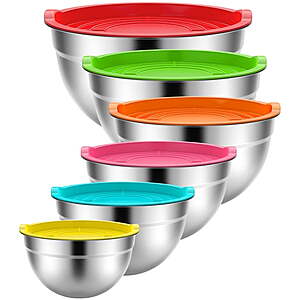 TINANA 6-Pack Stainless Steel Nesting Mixing Bowls Set w/ Lids (0.75–4.5QT, Multicolor) $17.99 + Free Shipping w/ Walmart+ or on $35+