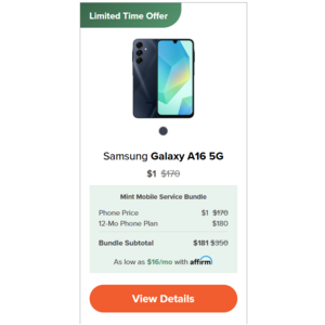 New Mint Mobile Customers: Samsung Galaxy A16 5G for $1 + 12Mo Unlimited for $180