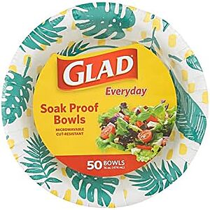 [NEW, SnS] $5.59 | 50-Count Glad Round Disposable Paper Bowls, Palm Leaves Pattern, 16 Oz at Amazon