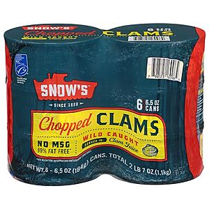 [SnS, AC] $7.21* | 6-pk 6.5-oz Snow's Wild Caught Chopped Clams Canned at Amazon