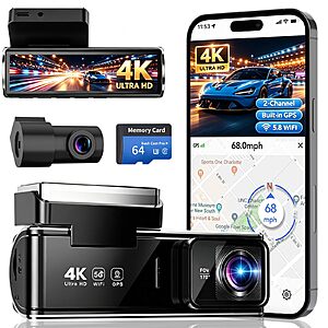 DKGEA 4K Dual Dash Cam Front and Rear w/ 3.5" IPS Screen, 170° Wide Angle, GPS, 64GB Card Included $48.59