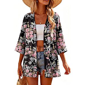 Lepunuo Women's Lightweight Open Front 3/4 Sleeve Kimono Cardigan w/ Pockets (Various) $6.99 + Free Shipping w/ Prime or on $35+