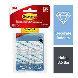 18-Ct 0.5-Lb Command Value Pack Damage-Free Hanging Clear Mini Hooks $6.89 + Free S&H w/ Walmart+ or on $35+