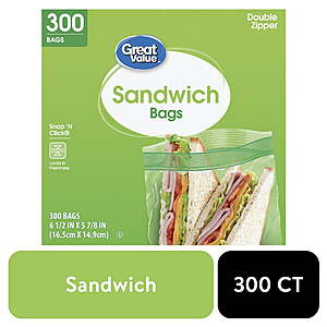$5.17 FS Walmart+ Great Value Double Zipper Sandwich Bags, 300 Count (School Lunches)
