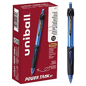uniball™ Power Tank RT Ballpoint Pens, Medium Point (1.0mm), Blue, 12 Pack | Pressurized cartridge writes at odd angles, in cold or wet conditions~$15.52 With S&S @ Amazon