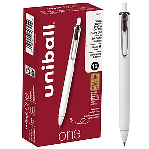 Uniball One Gel Pen 12 Pack; 0.38mm Ultra Micro Black Pens; Gel Ink Pens | Office Supplies Sold by Uniball are Pens; Ballpoint Pen~$8.95 After Coupon & S&S @ Amazon