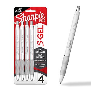 Sharpie S-Gel Gel Pens, Black Ink, Medium Point (0.7mm), 4 Count - Back to School, Teacher Supplies, Journaling~$4.63 With S&S @ Amazon