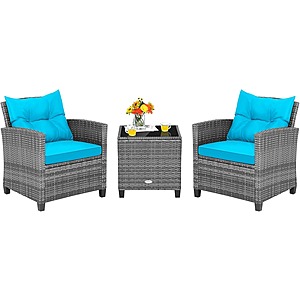 3-Piece Tangkula Rattan Patio Furniture Set w/ 2 Chairs & Coffee Table (Grey-Turquoise) $127.49 + Free Shipping