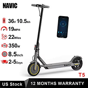 NAVIC T5 Folding Electric Scooter, 350W 19mph 22-mile range, 8.5inch solid tire, dual suspension, free S&H $109.02