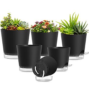 $9.99 - SQKH Plant Pots 4/5/5.5/6/6.5/7 Inch Self Watering Pots, 6 Pack Plastic Planters with Drainage Holes and Clear Saucers (black, white, or green)