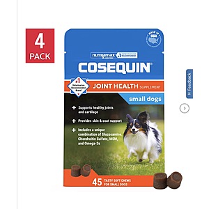 Cosequin Minis with MSM Plus Omega-3's Joint Health Supplement for Dogs, 45ct Soft Chews, 4-pack $34.99 free Shipping Costco.com