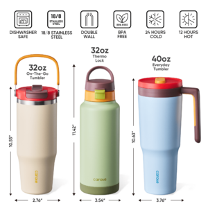 $25 Free Ship Walmart+ by Carote 3pcs Insulated Stainless Steel Water Bottle Set, 40oz & 2 x 32oz Travel Bottles, Leak-Proof,