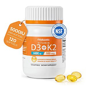 Frishantic Vitamin D3 K2 5000IU, Bone & Immune Support, 120 Softgels $3.41