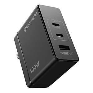 Greenworks POWERALL 100W USB-C,USB-A GaN II Charger, 3-Port Foldable Compact Fast PPS Wall Charger Type-C, Travel Charger $20