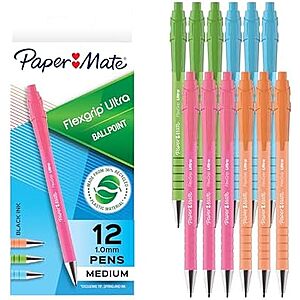 12-Count Paper Mate FlexGrip Ultra Ballpoint Pens (1.0mm Medium Point, Black Ink, Assorted Barrel Colors) $6.12 w/ S&S + Free Shipping w/ Prime or on orders over $35