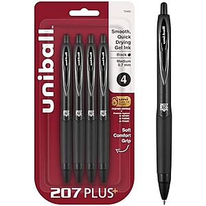 [AC] $3.64* | 4-Pk uniball 207 Plus+ Retractable Gel Pens (Medium Point, 0.7mm, Black) at Amazon