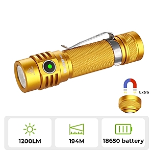 Wurkkos WK03 18650 EDC Flashlight with Nichia 519A 5000K 1200lm/USB C Rechargeable/Extra Magnetic Tail Cap included