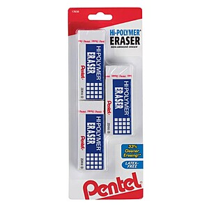 Pentel Hi-Polymer white erasers (latex-free, no smudges & long-lasting) - 3-pk block erasers $1.25 or 10-pk cap + 2-pk block erasers $1.49 after coupon at HEB
