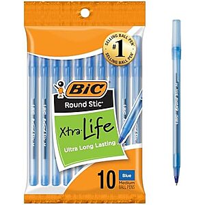 BIC Round Stic Xtra Life Blue Ballpoint Pens, 10-Count Pack, 1.0mm | Medium Point (1.0mm) for Smooth Writing | Flexible Round Barrel Design~$0.94 With S&S @ Amazon