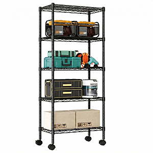 EDX 5 Tier Heavy Duty Adjustable Wire Shelving with Wheels, Storage Racks for Garage Kitchen Pantry Laundry Office, Easy Assembly, 23"W x 13"D x 60"H, Black $22.99