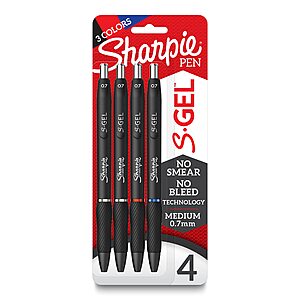 $4.65 S&S - Sharpie S-Gel Gel Pens, Black Barrel, Medium Point (0.7mm), Assorted Ink Colors, 4 Count - Writing, Note-Taking, Journaling, School Supplies