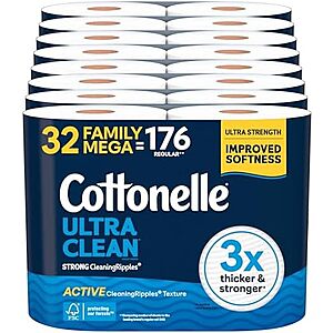 [SnS, AC] $38.92* | 2 × 32-Pk Cottonelle Ultra Clean 1-Ply Family Mega Rolls Toilet Paper ($19.46 each) at Amazon