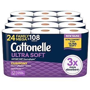 $33.28 or less S&S/Q/$15 off Cottonelle Ultra Soft Toilet Paper, 2 x 24 Family Mega =216 Regular Rolls, White