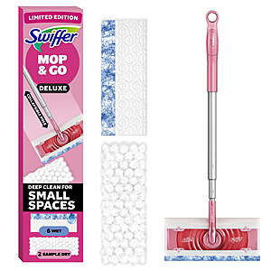 $19.97  get $5 Walmart Cash Swiffer Pink Limited Edition Mop & Go Deluxe, 2-in-1 Floor Mopping and Sweeping Kit, 1 Device, 6 Mop Refills, 2 Sweep Refills