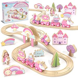 38-Pc Lehoo Castle Kids' Pink Unicorn Wooden Train Set $19.76 + Free Shipping w/ Prime or on $35+