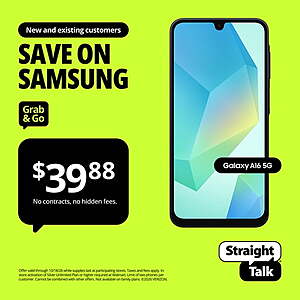 Straight Talk Samsung Galaxy A16 5G 128GB Prepaid Smartphone (Black) $39.88 + Free Shipping