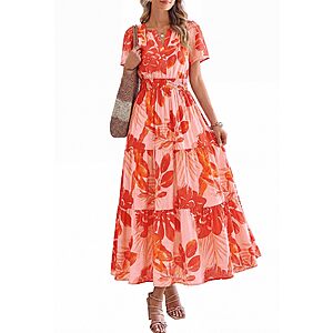BTFBM Women's Floral V Neck Short Sleeve Maxi Dress $17.99 + Free Shipping w/ Prime or on $35+