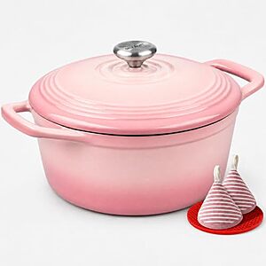 Overmont 5.5QT Enameled Cast Iron Dutch Oven w/ Lid, Cookbook & Cotton Potholders (Pink) $29.99 + Free Shipping w/ Prime or on $35+