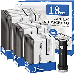 18-Pack NESCCI Travel Vacuum Seal Compression Storage Bags (3 Sizes) w/ Rechargeable Wireless Pump $13.49 + Free Shipping w/ Prime or on $35+