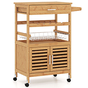 Costway Bamboo Rolling Kitchen Island Trolley with Storage Cabinet and Wine Rack $61 + Free Shipping
