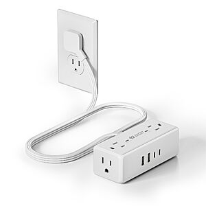 SUPERDANNY 3' 8-in-1 Flat-Plug Surge Protector: 4 Outlets + 4 USB Ports $9.99
