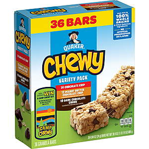 FS WALMART+: 4 x 36 ct   Chewy Granola Bars, 3 Flavor Variety Pack, 30.4 oz,  $26.78, get $10 Back To School Rebate From Quaker