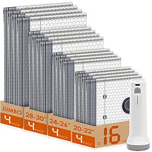16-Pack Vacuum Storage Bags for Travel w/ USB-C Rechargeable Pump (4 Sizes) $4.44 + Free Shipping w/ Prime or on $35+