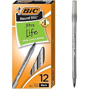 $1.19* | 12-Ct. BIC Round Stic Xtra Life Ballpoint Pens (Black, Medium Point 1.0mm) at Amazon