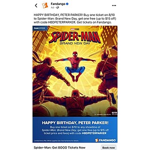 Fandango: 8/10 only BOGO Free Spider-Man: Brand New Day tickets
