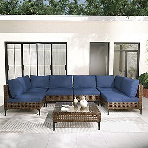 Grand patio Wicker Patio Furniture Set, All Weather Outdoor Sectional Sofa with Blue Thick Cushions and Coffee Table, 7 Pieces Sectional, Brown $299.99