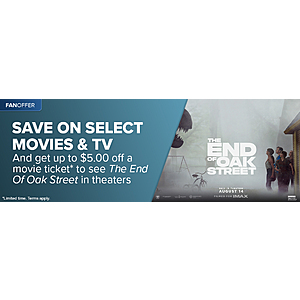 Free $5 Fandango movie ticket code for The End of Oak Street for purchasing selected movies on VUDU