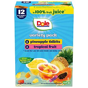 [S&S, AC] $4.80: Dole Pineapple Tidbits and Tropical Fruit in 100% Juice Variety Pack, 4 oz Bowls, 12 Pack
