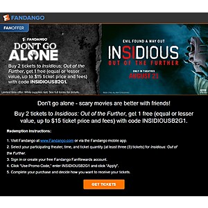 Fandango: BOGO Free Movie Ticket Insidious: Out of the Further + FanClub ofer for Mutiny