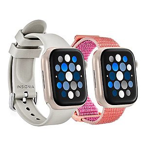 2 pack, Insignia™ - Silicone and Nylon Bands for Apple Watch 38mm, 40mm, 41mm (2-Pack), and 42mm Series 10 - Stone/Hot Pink, $4.99, FS, Best Buyt