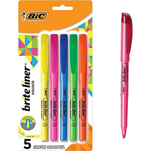 BIC Brite Liner Highlighters, Chisel Tip, 5-Count Pack, Assorted Colors - $1.79 | Pack of 2 - $3.58 @ Amazon