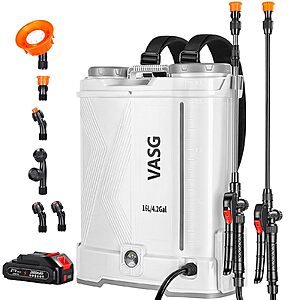 VASG Battery Powered Backpack Sprayer 4 Gallon, 21V 2.6Ah Electric Weed Pump Sprayer with 6 Nozzles, Telescopic Wand (Stainless Steel + Plastic) $59.99