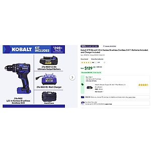 BOGO - Kobalt XTR 24-volt 1/2-in Keyless Brushless Cordless Drill 2 -Batteries Included, and Charger Included one_size | KXDD 1424A-03 $129