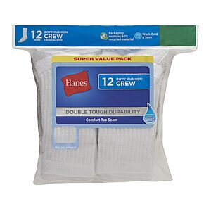 $6.48 AMAZON  SIZE SMALL 12 Pairs of HANES Boys Crew Socks in White or Black